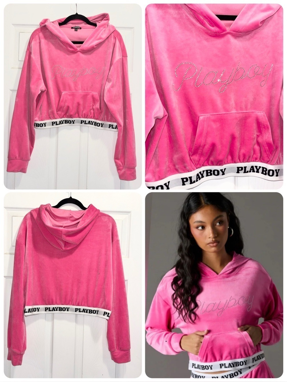 PLAYBOY Velour Hoodie Pink Rhinestone Bling Cropped Top Size XL